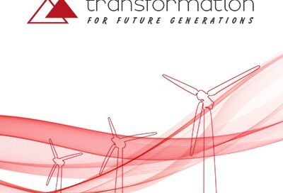 Zeichnung von Windkraftanlagen mit dem Schriftzug: "transformation for future generations"